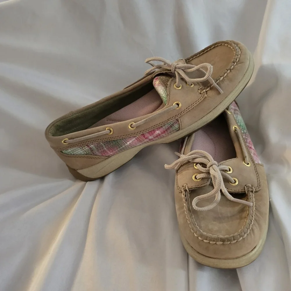 Sperry Top-Sider Boat Shoes sz 9 M Natural Tan Leather Pink Sequin Plaid
